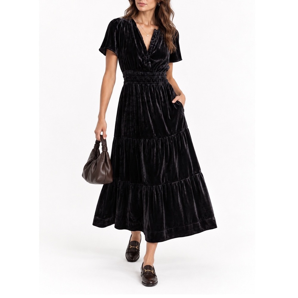 Anthropologie Somerset Velvet Maxi Dress Black Medium Petite Luxe Boho Romantic